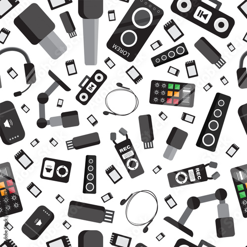 music studio tools seamless pattern. sound equipment for recording studio microphones speakers headsets. Vector icons pattern