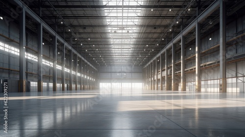 Large industrial warehouse. Tall racks along the walls, storage equipment. Huge room is prepared for storage and sorting of goods. Global logistics concept. 3D illustration.