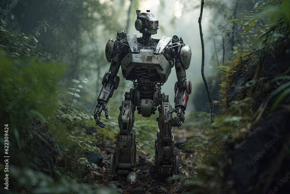 Military humanoid robot walking in the jungle