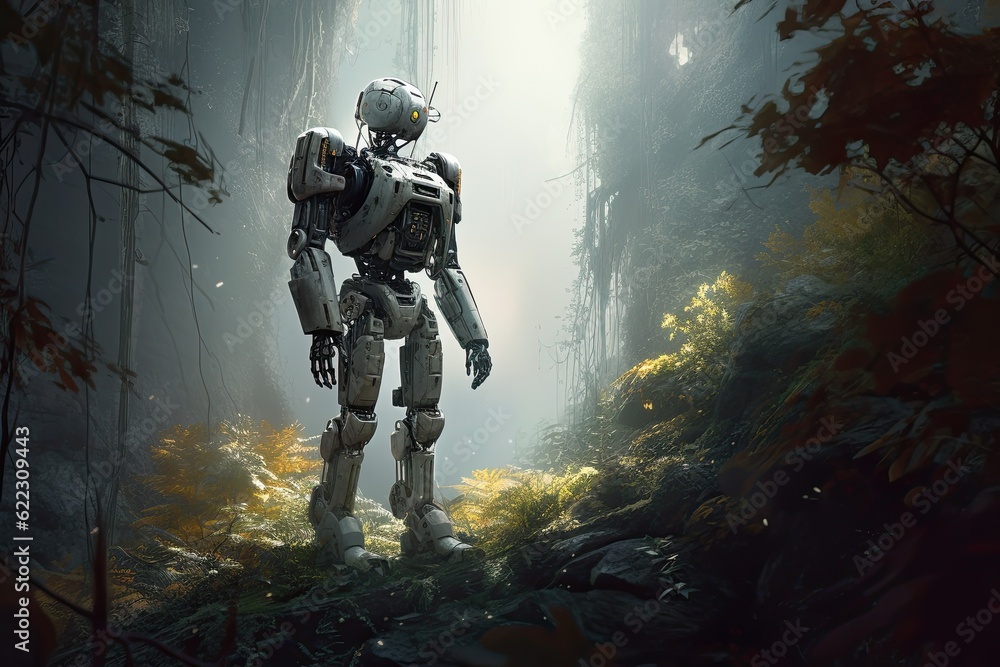 Fototapeta premium Humanoid robot standing in the middle of a forest with dramatic light