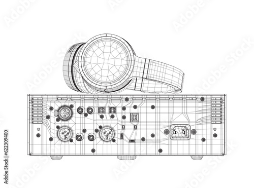 Professional equipment for electronic music wireframe. Stereo headphones in wireframe trend style on a white background. Vector illustration. 3D
