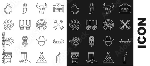 Set line Dynamite bomb, Kayak or canoe and paddle, Crossed arrows, Buffalo skull, Wild west covered wagon, Revolver cylinder, Canteen water bottle and Old wooden wheel icon. Vector