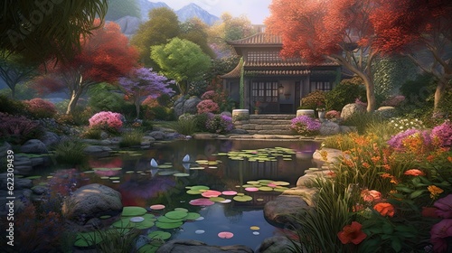 Japanese garden illustration with a pond  trees and flowers