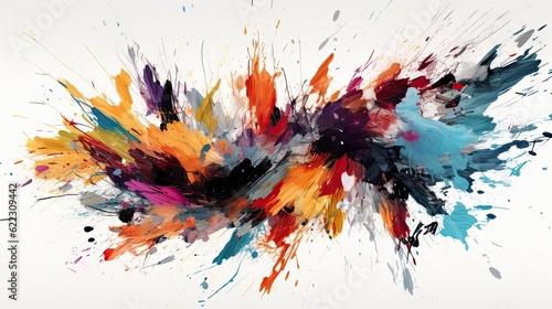 Colorful paint splashes on white background with copy space