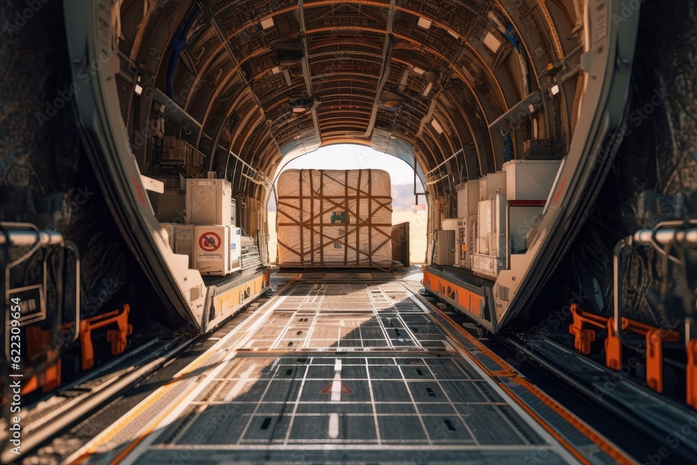 Loading transport aircraft in the hangar of cargo terminal. Inside view of the cargo hold of the aircraft during loading of a large bale. Global freight transportation concept. 3D illustration. Loading transport aircraft in the hangar of cargo terminal. Inside view of the cargo hold of the aircraft during loading of a large bale. Global freight transportation concept. 3D illustration.