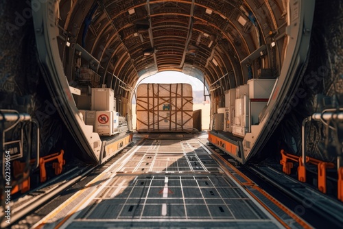 Loading transport aircraft in the hangar of cargo terminal. Inside view of the cargo hold of the aircraft during loading of a large bale. Global freight transportation concept. 3D illustration. © Georgii