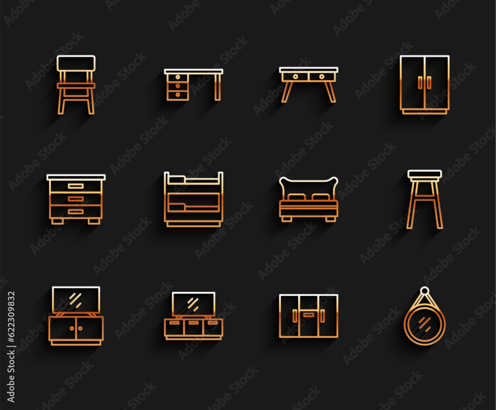 Set line TV table stand, Chair, Wardrobe, Mirror, Bunk bed, and Big icon. Vector Set line TV table stand, Chair, Wardrobe, Mirror, Bunk bed, and Big icon. Vector