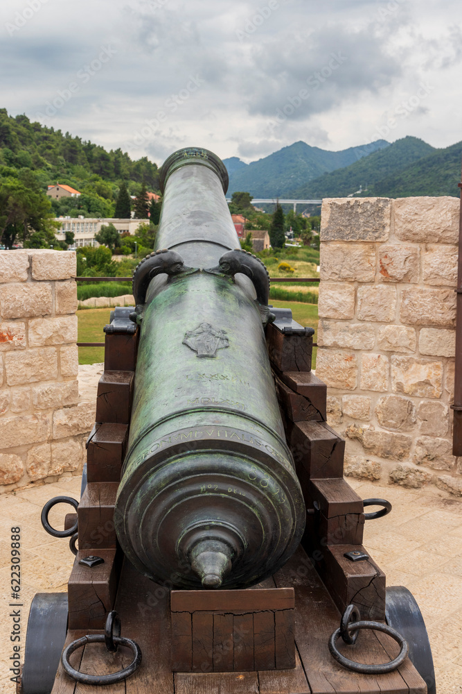 Ston Croatia. 06-05-2023. Old gun at fortress in Croatia