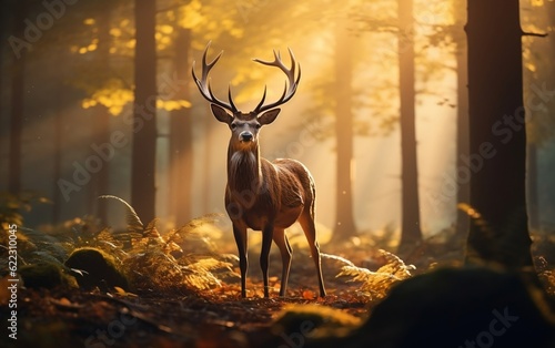 A majestic deer standing in the serenity of a lush forest. AI