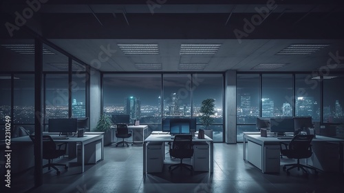 Fototapeta Naklejka Na Ścianę i Meble -  night time office space with row of working office table and work station unit modern interior office design,Generative AI