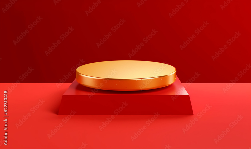 Golden podium on red background for display product. Background for cosmetic product branding, identity and packaging Golden podium on red background for display product. Background for cosmetic product branding, identity and packaging