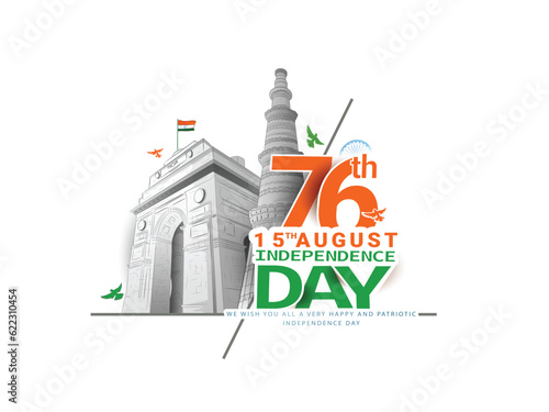 vector illustration of Independence Day of India, for 76th Independence Day of India with indian monuments sketch and Creative National Tricolor Indian flag design and flying pigeon.
