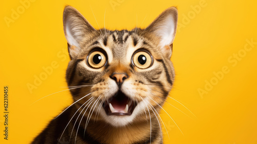 Young crazy surprised cat with big eyes on yellow background