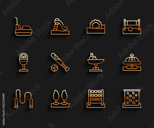 Set line Jump rope, Forest, Bumper car, Tic tac toe game, Climbing wall, Baseball bat with ball, Attraction carousel and Swing boat icon. Vector