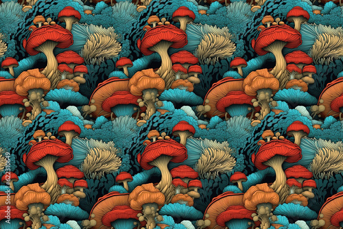 Repetitive mushroom pattern tile, blue and red toadstools. Detailed graphic seamless pattern with teal and carmin red elements for luxury background. Generative Ai.