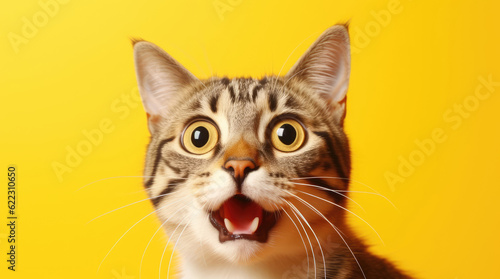 Young crazy surprised cat with big eyes on yellow background © Veniamin Kraskov