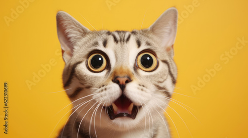 Young crazy surprised cat with big eyes on yellow background