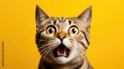 Young crazy surprised cat with big eyes on yellow background © Veniamin Kraskov