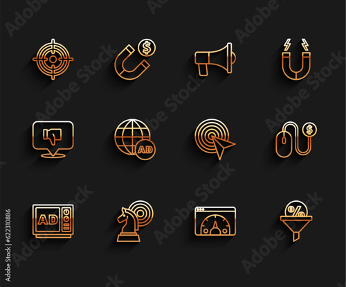 Set line Advertising, Chess, Target, Website statistic, Lead management, and icon. Vector