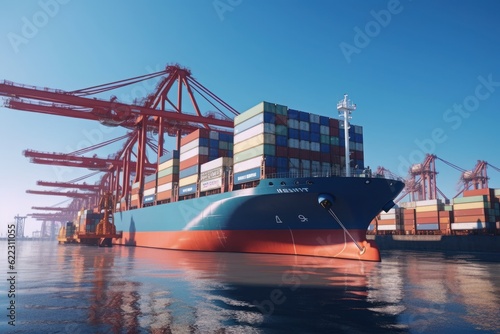 Container ship at the berth in cargo terminal of the port under loading. Port cranes load containers, place them in rows on the deck of the vessel. Global freight shipping concept. 3D illustration.