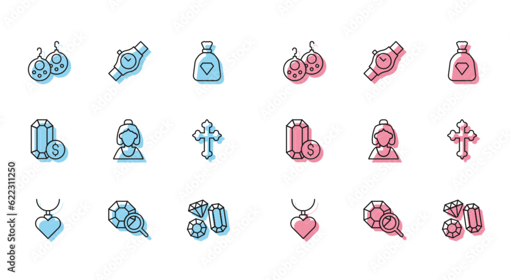 Set line Necklace with heart shaped pendant, Gem stone, Earrings, Consultant of jewelry store, Christian cross, Jewelry online shopping and Wrist watch icon. Vector Set line Necklace with heart shaped pendant, Gem stone, Earrings, Consultant of jewelry store, Christian cross, Jewelry online shopping and Wrist watch icon. Vector