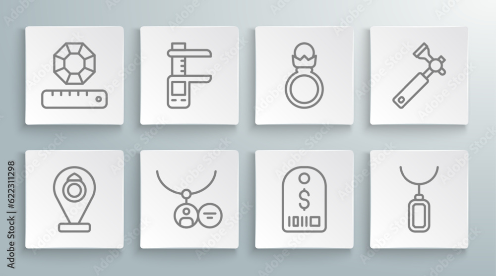 Set line Jewelry store, Calliper caliper and scale, Locket on necklace, Price tag with dollar, Pendant, Diamond engagement ring, Jewelers lupe and Gem stone icon. Vector Set line Jewelry store, Calliper caliper and scale, Locket on necklace, Price tag with dollar, Pendant, Diamond engagement ring, Jewelers lupe and Gem stone icon. Vector