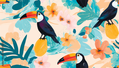 Hand drawn modern bohemian abstract floral pattern with toucan birds. Collage contemporary print. Fashionable template for design.