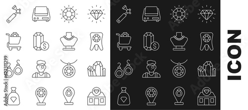Set line Jewelry store, Gem stone, Tooth with diamond, Diamond, online shopping, Jewelers lupe and Necklace mannequin icon. Vector