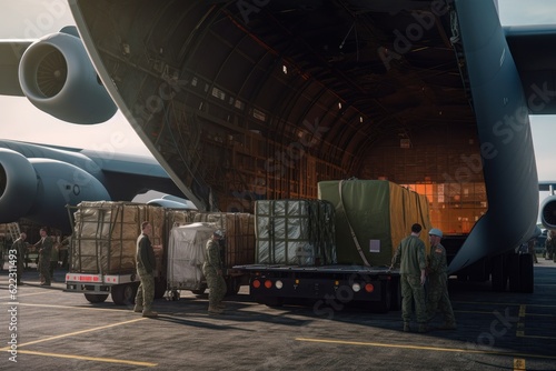 Transport aircraft in the hangar of cargo terminal. Large bales on the trolley ready for loading into the open cargo hold, employees at work. Global freight transportation concept. 3D illustration.