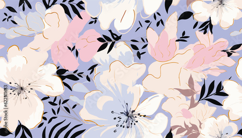 Trendy contemporary floral seamless pattern. Fashionable template for design. Soft feminine palette.