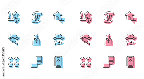 Set line Real estate, Credit card, House with dollar, Online real, Realtor, Car rental, sharing and shield icon. Vector