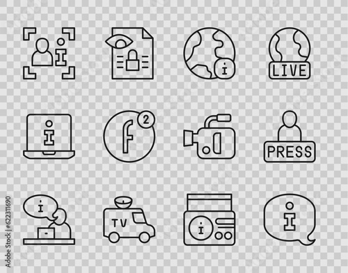 Set line Television report, Information, World news, TV News car, Create account, radio channel and Journalist icon. Vector