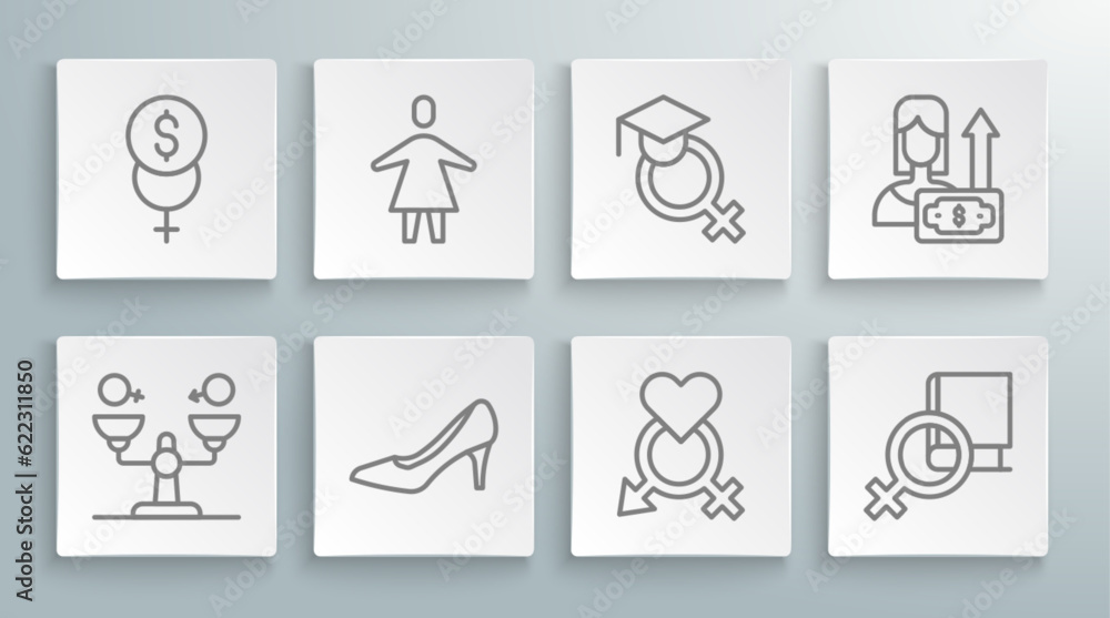 Set line Gender equality, Female, Woman shoe, Book about women, Teacher, Money growth woman and Feminism finance icon. Vector Set line Gender equality, Female, Woman shoe, Book about women, Teacher, Money growth woman and Feminism finance icon. Vector