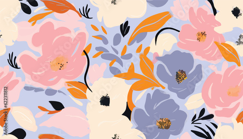 Trendy contemporary floral seamless pattern. Fashionable template for design. Soft feminine palette.