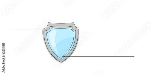 Shield in continuous one line style. Single line colored protect linear symbol. Safety, insurance concept. Guard drawing sign. Abstract background Doodle hand drawn protection icon Vector illustration