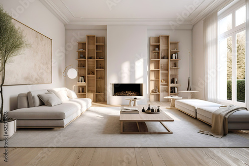 Sofa and poufs against fireplace and wooden shelving units. Scandinavian home interior design of modern living room. Created with generative AI photo