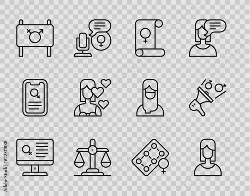 Set line Dating app, Female, Feminism, Gender equality, Feminist activist, Love yourself, Packaging of birth control pills and icon. Vector