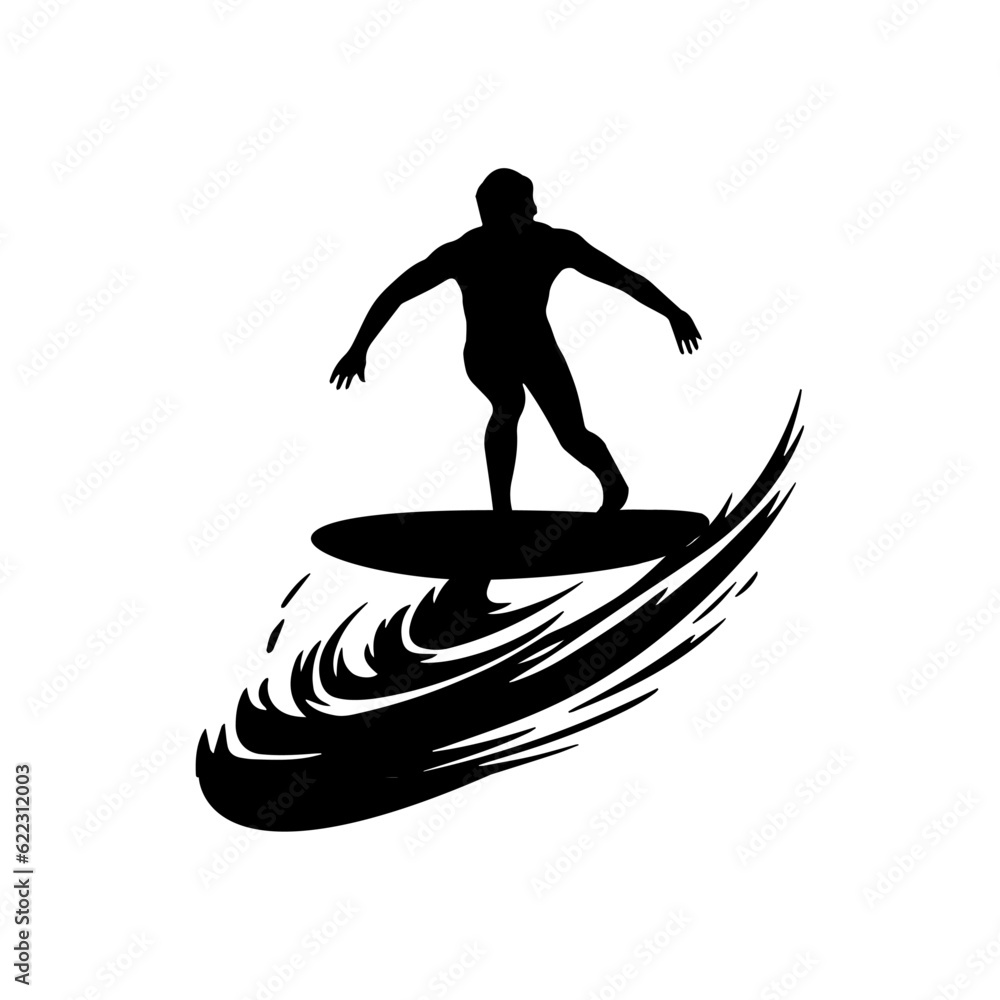 Silhouette of a surfer, vector art, surfer icon, icon, isolated on white background, vector illustration.