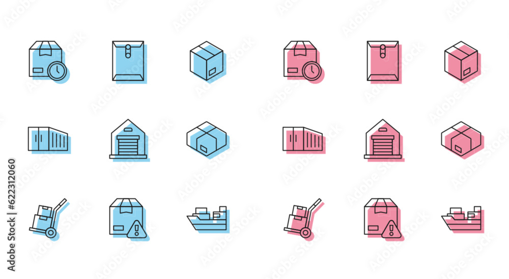Set line Hand truck and boxes, Delivery security with shield, Cardboard clock, Cargo ship delivery, Warehouse, Carton cardboard, Container and Envelope icon. Vector Set line Hand truck and boxes, Delivery security with shield, Cardboard clock, Cargo ship delivery, Warehouse, Carton cardboard, Container and Envelope icon. Vector