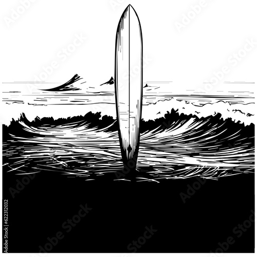 Surfing beach vector landscape, vector art, isolated on white background, vector illustration.