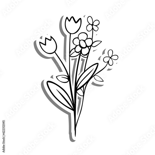 Black line Little Bouquet on white silhouette and gray shadow. Hand drawn cartoon style. Vector illustration for decorate  coloring and any design.