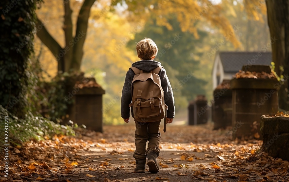 A boy with a backpack walking down a street, Back to school. AO