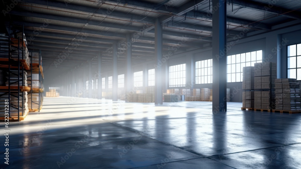 Large industrial warehouse. High racks filled with boxes and containers. Boxes on pallets in the sorting area. Daylight fills the room through the windows. Global logistics concept. 3D illustration. Large industrial warehouse. High racks filled with boxes and containers. Boxes on pallets in the sorting area. Daylight fills the room through the windows. Global logistics concept. 3D illustration.