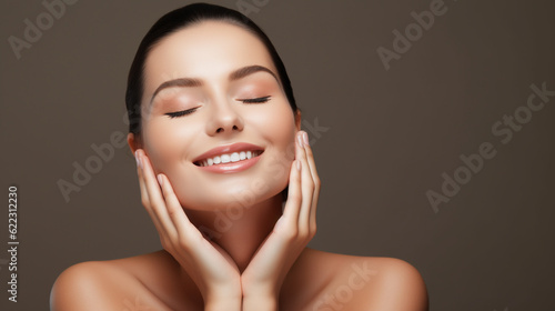 Beautiful Woman with Perfect Skin Touching Her Skin After A Treatment. Dermatology, Spa, Skin Care Concept