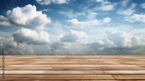 Empty wooden table top with cloudy sky background