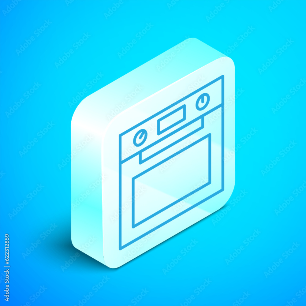 Isometric line Oven icon isolated on blue background. Stove gas oven sign. Silver square button. Vector Isometric line Oven icon isolated on blue background. Stove gas oven sign. Silver square button. Vector