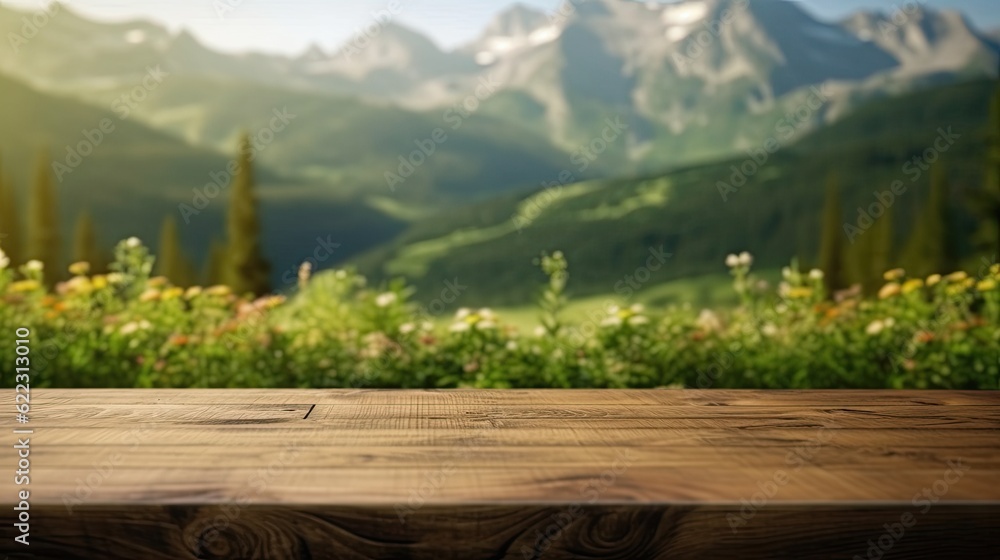 Empty wooden table top with green nature mountains background