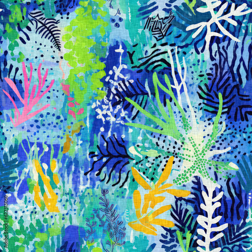 Tropical modern coastal pattern clash fabric coral reef print for summer beach textile designs with a linen cotton effect. Seamless trendy underwater kelp and seaweed repeat background