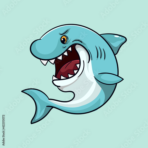 Cute blue shark funny animal spraying water vector illustration in kawaii cartoon style under the sea watercolor illustration with isolated background