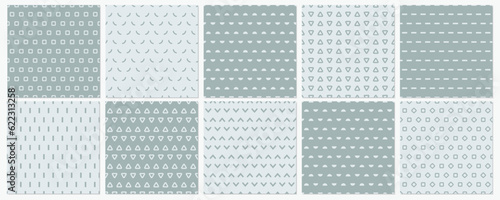 Collection of seamless geometric patterns - minimalistic design. Abstract simple backgrounds. Delicate blue stylish fabric prints